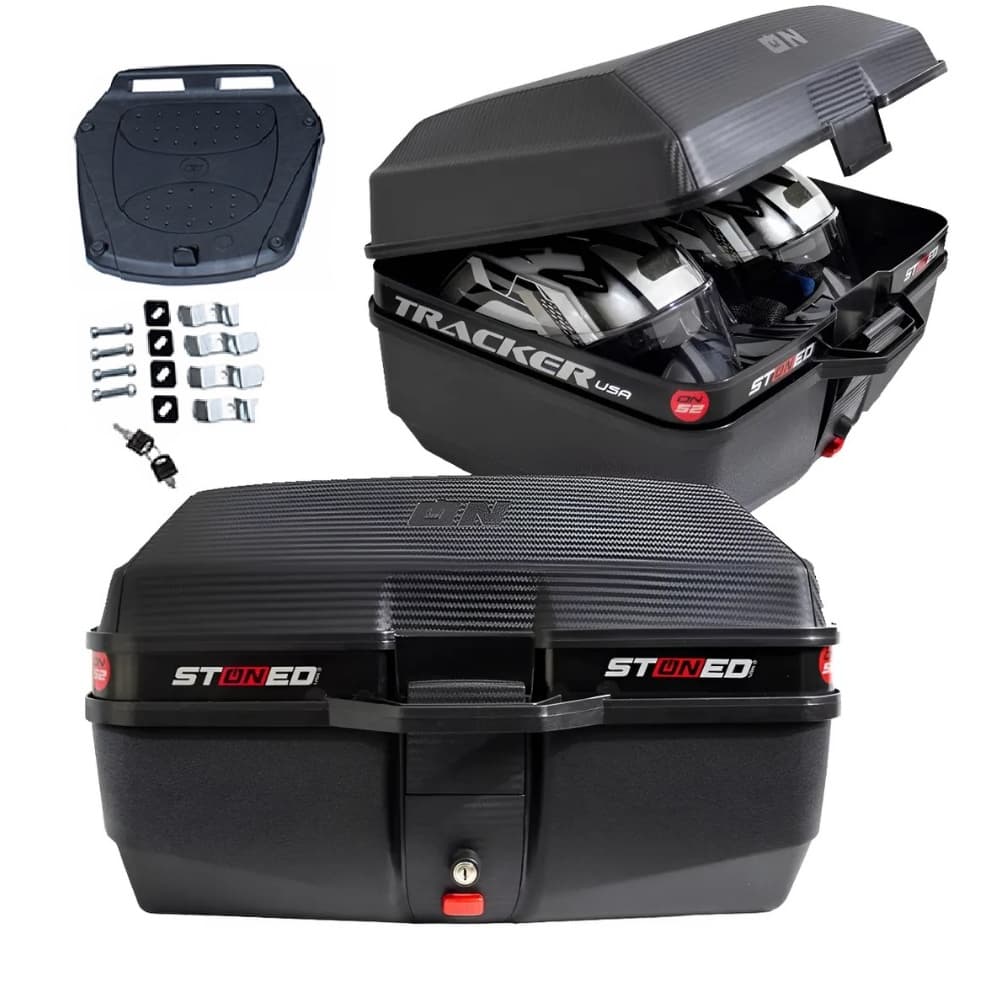 Baú Bauleto Moto 52 litros Stoned Tracker Base Universal Kit Fixação Completo Reforçado Novo