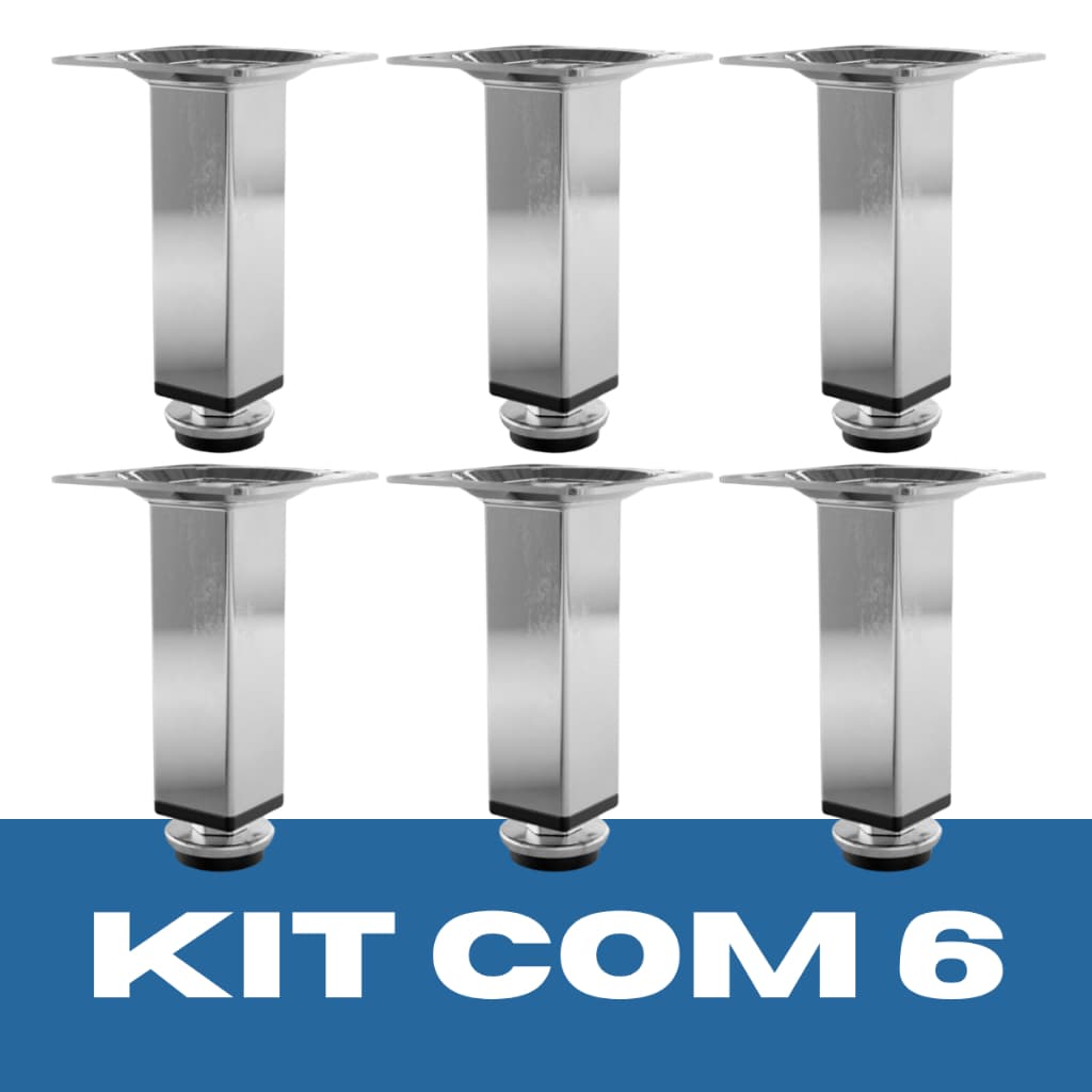 Kit com 6 Pé Regulável Quadrado 10cm  Aço Cromado Para Móveis