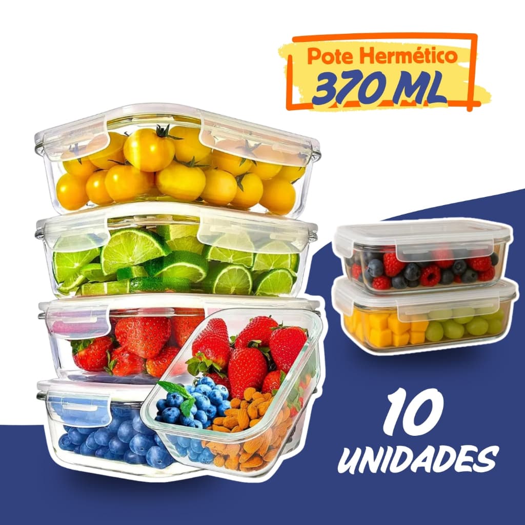 Conjunto de Potes Vidro Hermético Mantimentos Marmita 370ml