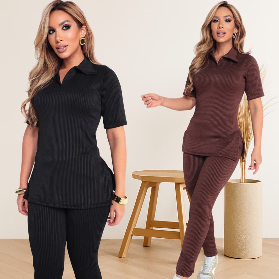 Conjunto Feminino Canelado 3D Gola Polo Manga Curta e Calça Cintura Alta Justa Confortável Elegante
