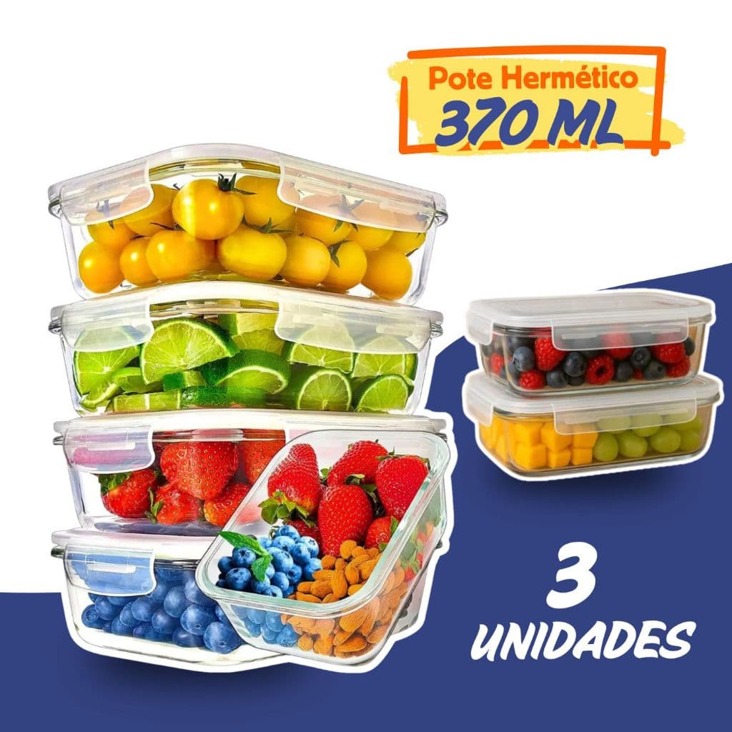 Conjunto de Potes Vidro Hermético Mantimentos Marmita 370ml