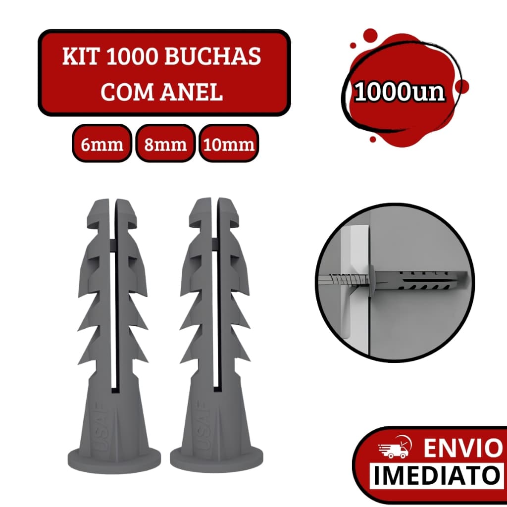 Kit 1000 Buchas Com Aba Anel Para Fixação Parede De Concreto Tijolo Basalto - 6mm | 8mm | 10mm