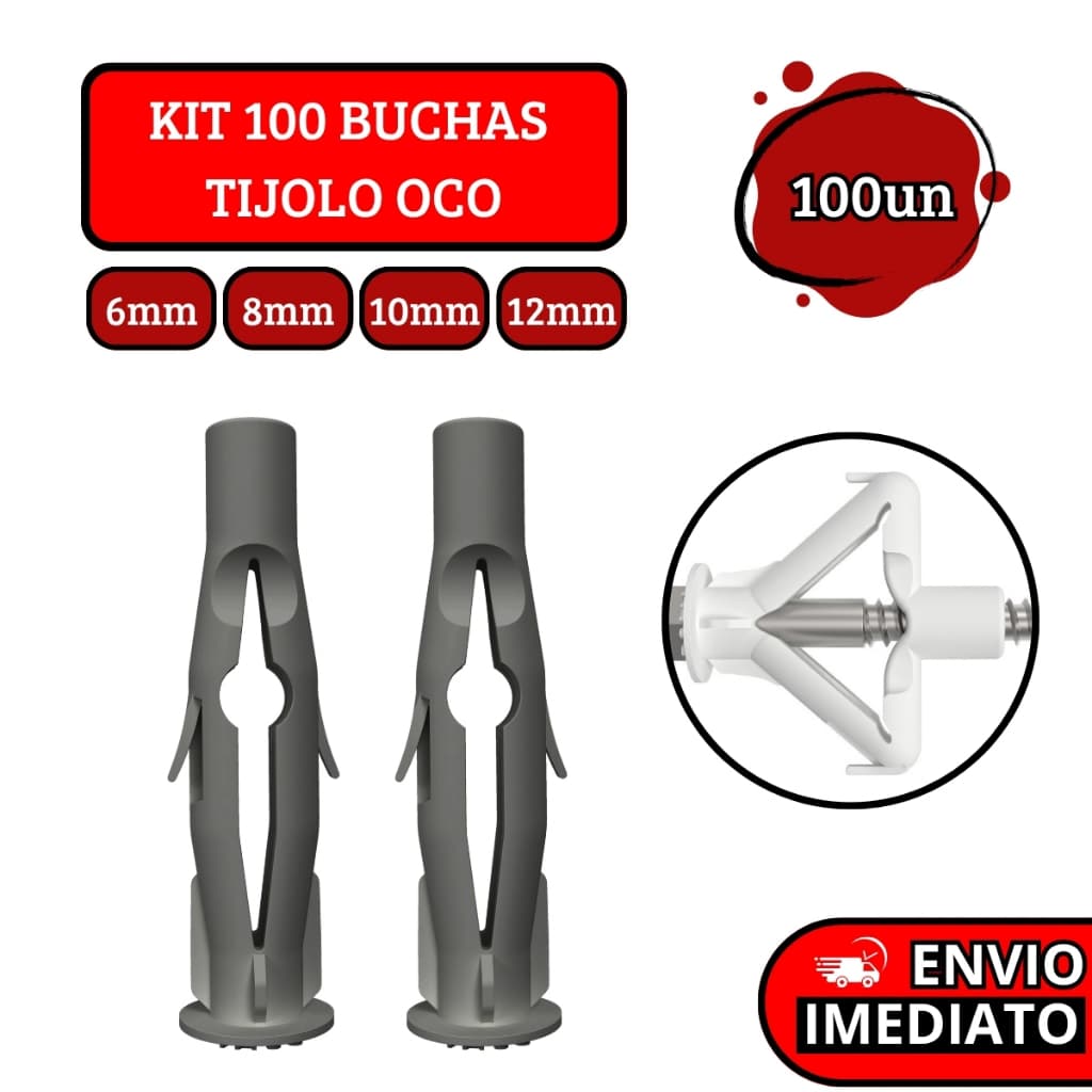 Kit 100 Buchas Plástica Para Fixação Tijolo Oco e Base Sólida - 6mm | 8mm | 10mm | 12mm
