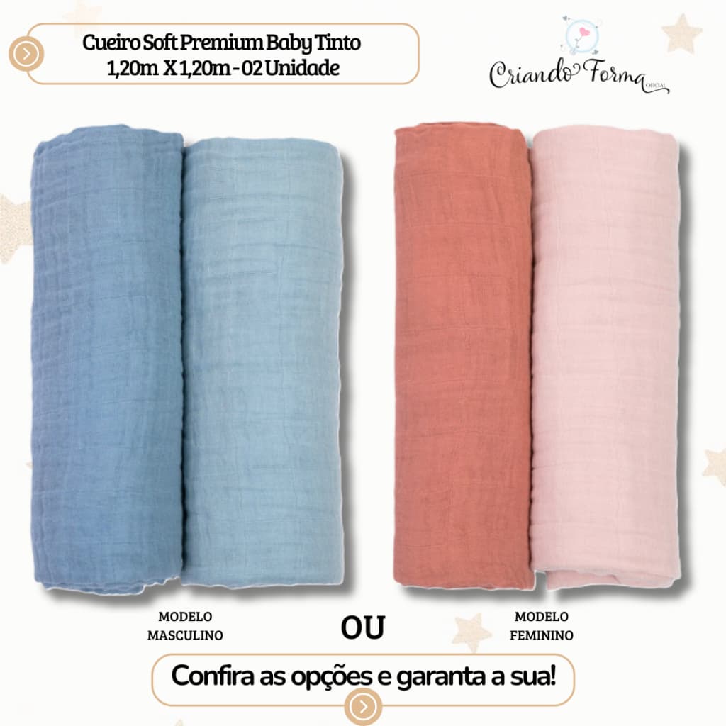 Kit com 2 Cueiro Soft Premium Baby Tinto - 1 Camada - Tecido 100% Algodão - 1,20m x 1,20m