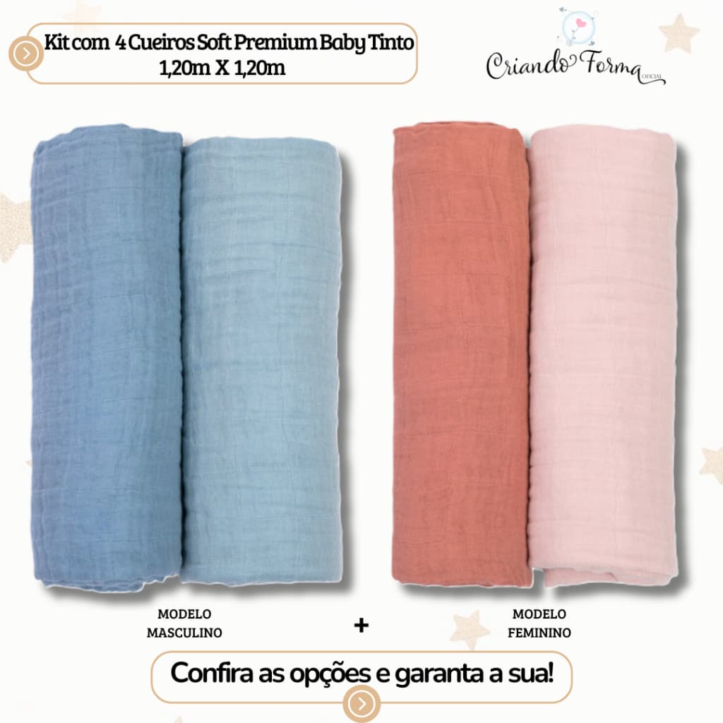 Kit com 04 Cueiros Soft Premium Baby Tinto - 1,20m X 1,20m