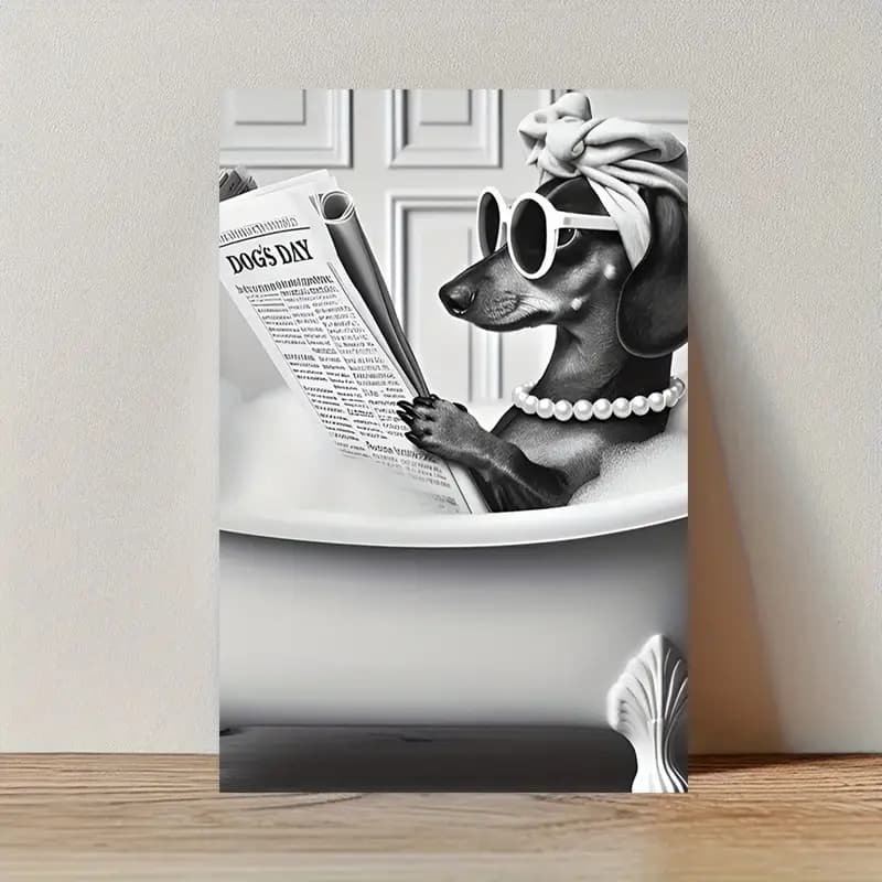 Quadro Decorativo Dachshund na Banheira - Arte de Parede Sem Moldura para Quarto ou Banheiro