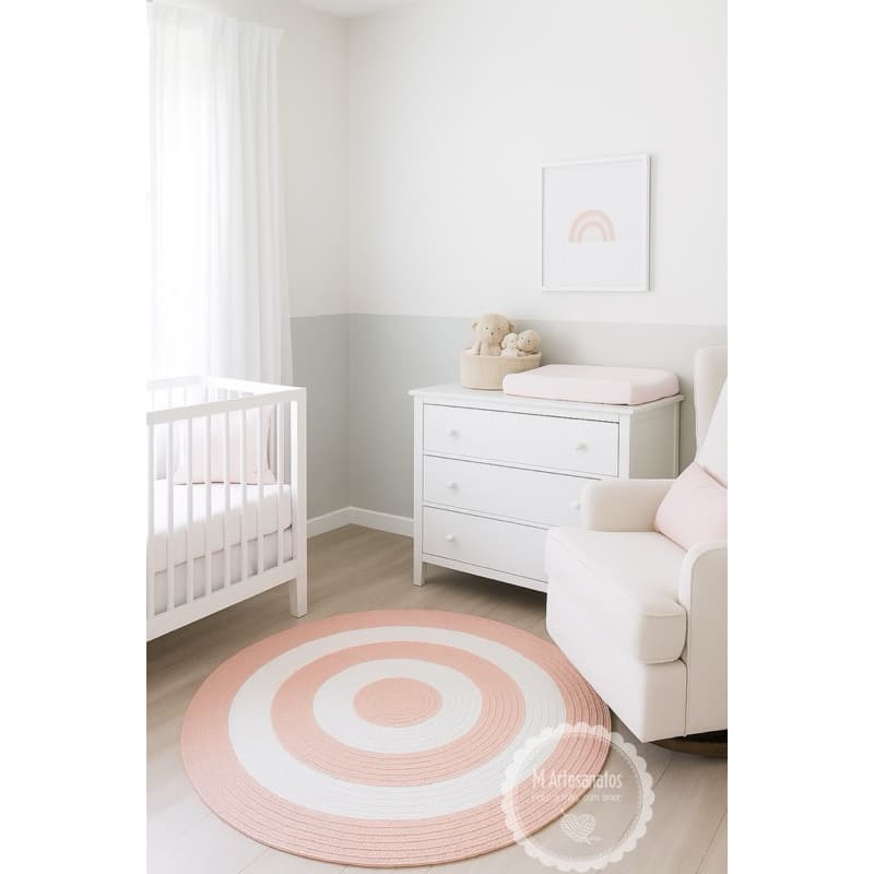 Tapete redondo crochê infantil quarto de bebê salmão e off white