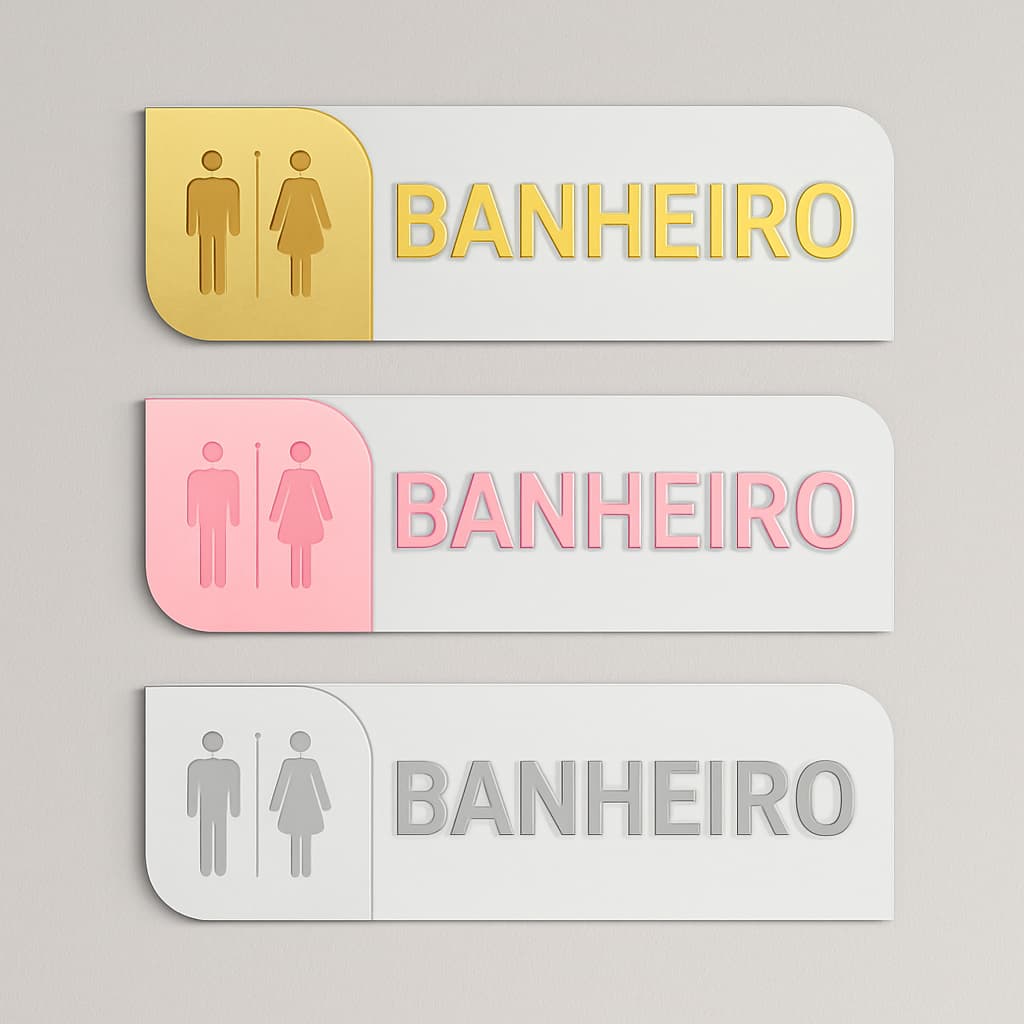 Placa De Sinalização Acrílico Espelhado De Porta Banheiro Unissex Feminino Masculino