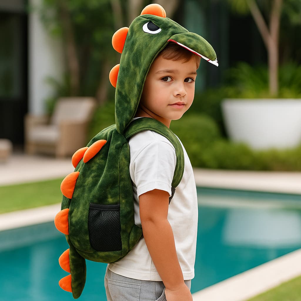 Mochila Infantil Dinossauro 3D Pelúcia c/ Touca Macia | Confortável, Divertida, Antialérgica Unissex