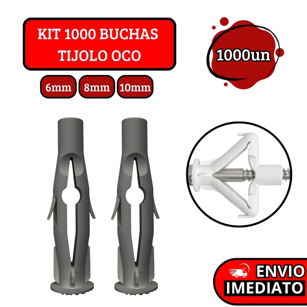 Kit 1000 Buchas Plástica Para Fixação Tijolo Oco e Base Sólida - 6mm | 8mm | 10mm