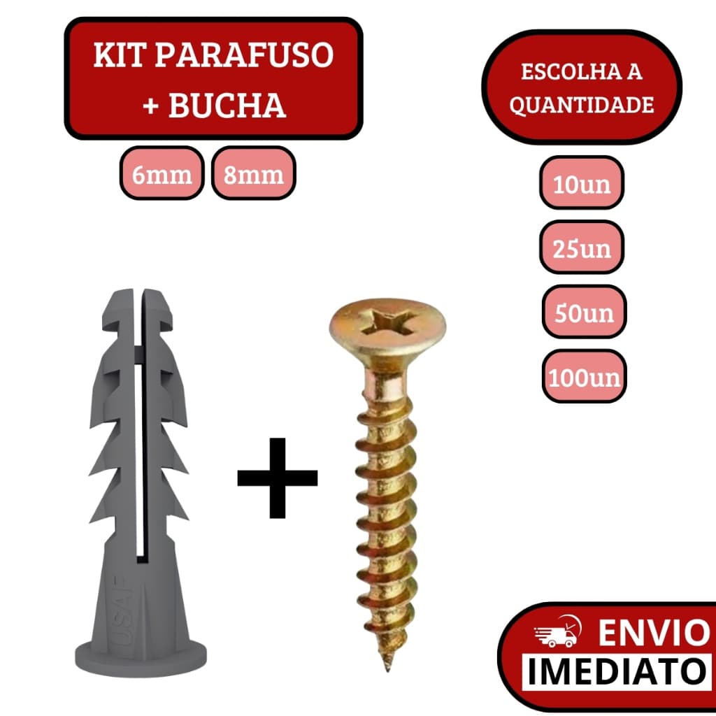 Kit Parafuso e Bucha Com Aba Anel Para Fixação Parede - 6mm | 8mm