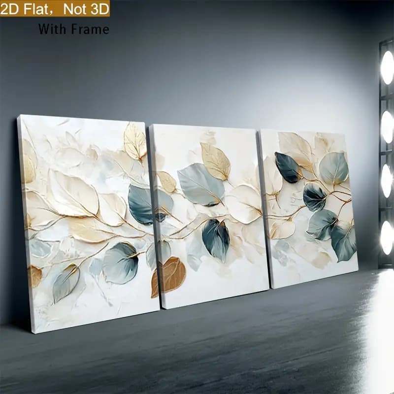 Kit de Quadros Decorativos Moderno - Kit 3 Peças com Design de Folha em Azul, Bege e Dourado para Sala