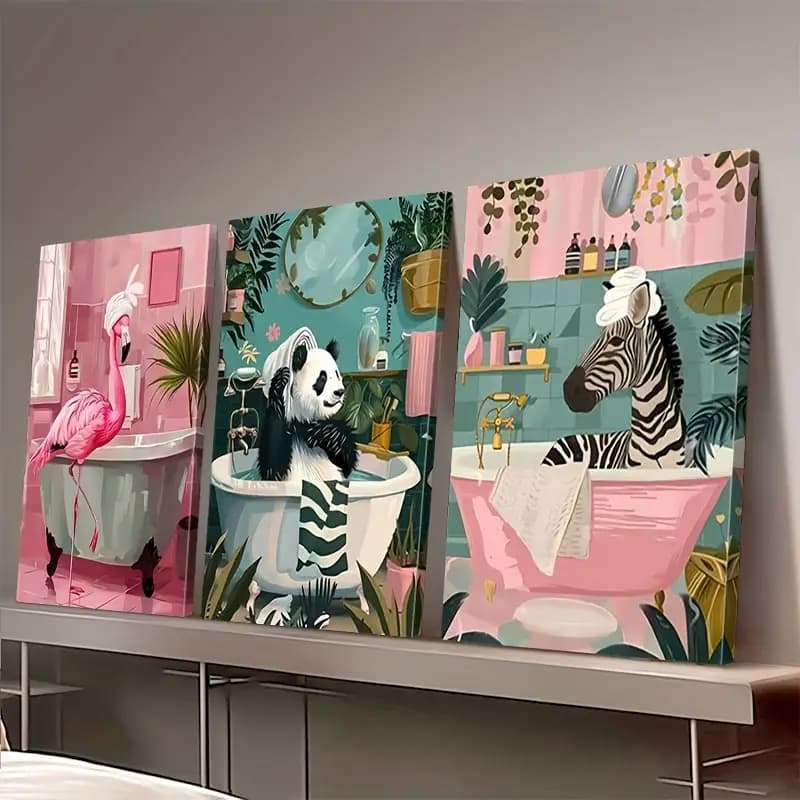 Kit de Quadros Decorativos Animais Divertidos - Kit 3 Peças com Flamingo, Panda e Zebra para Banheiro e Casa