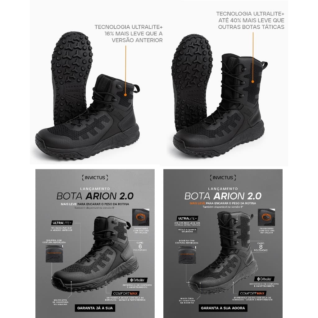 Bota Arion 2.0 Preta Cano Curto ou Longo Invictus + Leve + Resistente E + Confortável