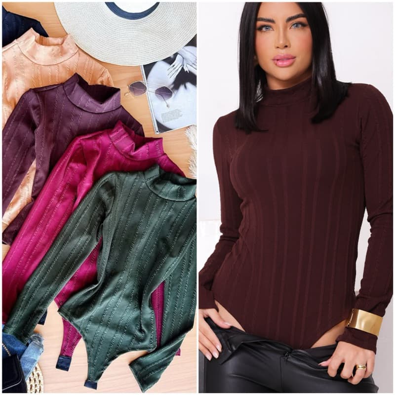 BODY FEMENINO MODA GRINGA BÁSICO E ESTILOSO TENDENCIA COM MANGA LONGA E GOLA ALTA RIVANA