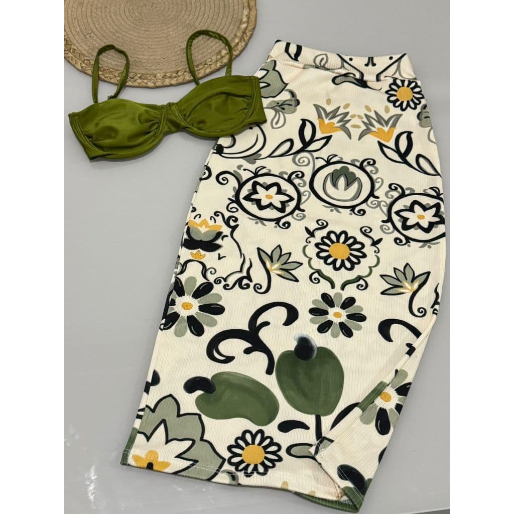 Saia Mídi Inspiração Fa em Malha Canelada  saia feminina midi estampada tucano estampa tropical flores tendencia midy