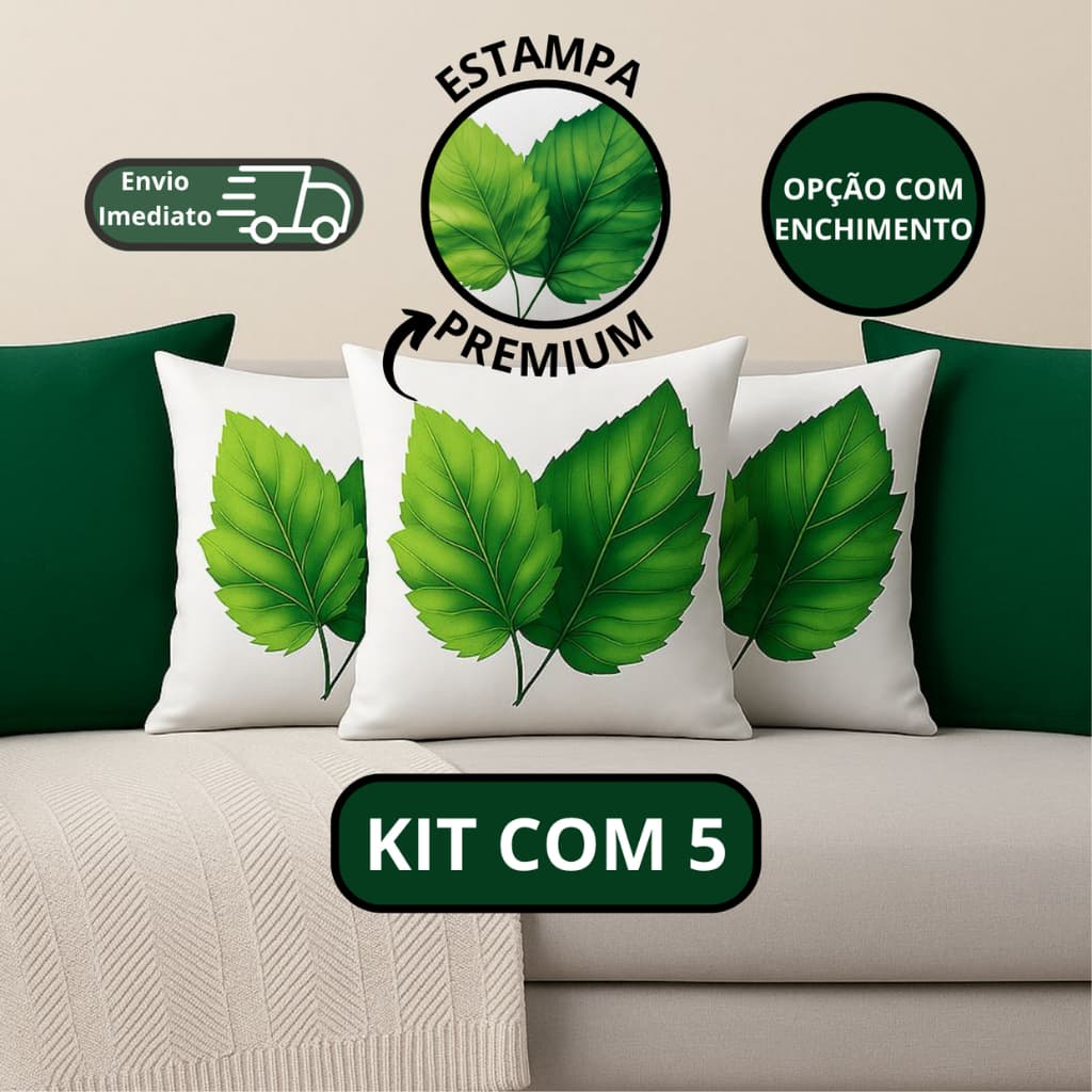 KIT 5 ALMOFADAS BOHO MODERNO LUXO | FOLHAS VERDES + SUEDE VERDE ESCURO | 45x45cm | SOFÁ CAMA | COM OU SEM ENCHIMENTO