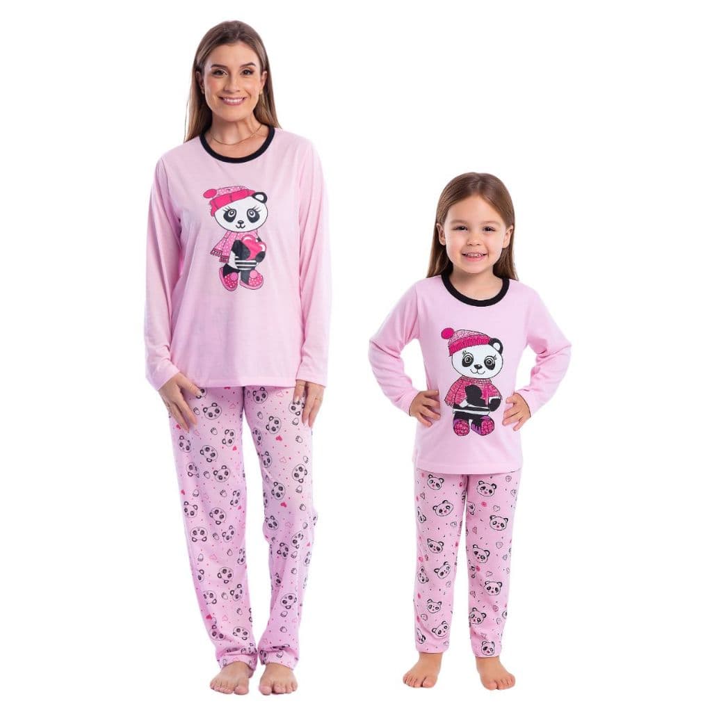 Kit pijama mãe e filha Pandinha inverno calça estampada malha blusa manga comprida personagens inverno frio longo