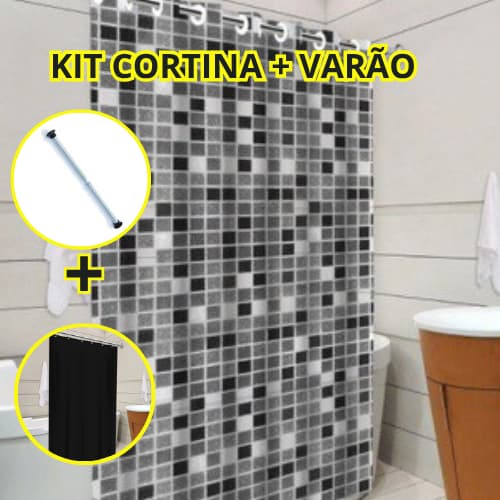 Kit Cortina Box + Varão 0,90cm Até 1,30cm Banheiro Vários Modelos de Cortinas