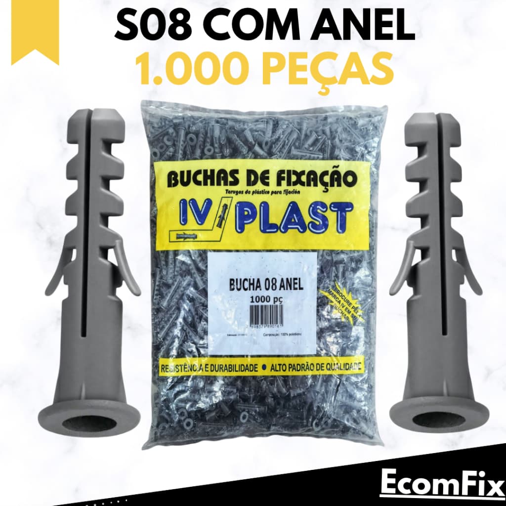 Bucha Para Parede 8mm Ivplast Com Aba Anel Sem Parafuso Pacote 1000 Peças