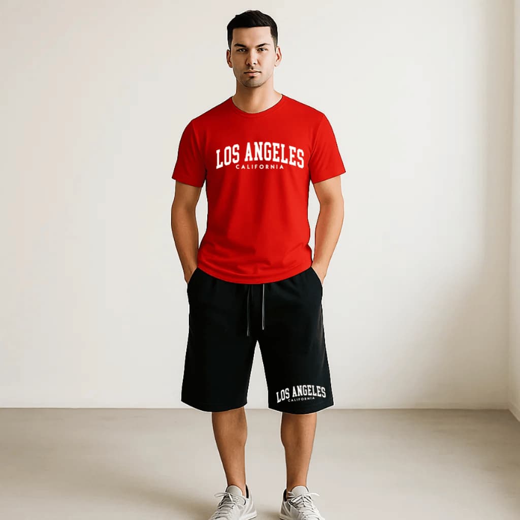 Conjunto Camiseta Bermuda Masculino Estampado Los Angeles 100% Algodão Premium Verão Kit Blusa Short Oversized Academia