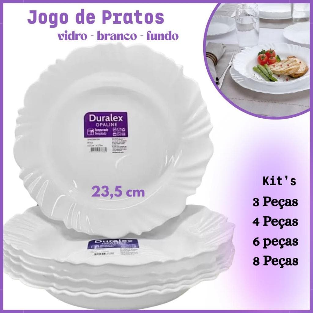 Kit Jogo Pratos Fundo Pétala Duralex Grande 23,5cm Opaline resistente branco
