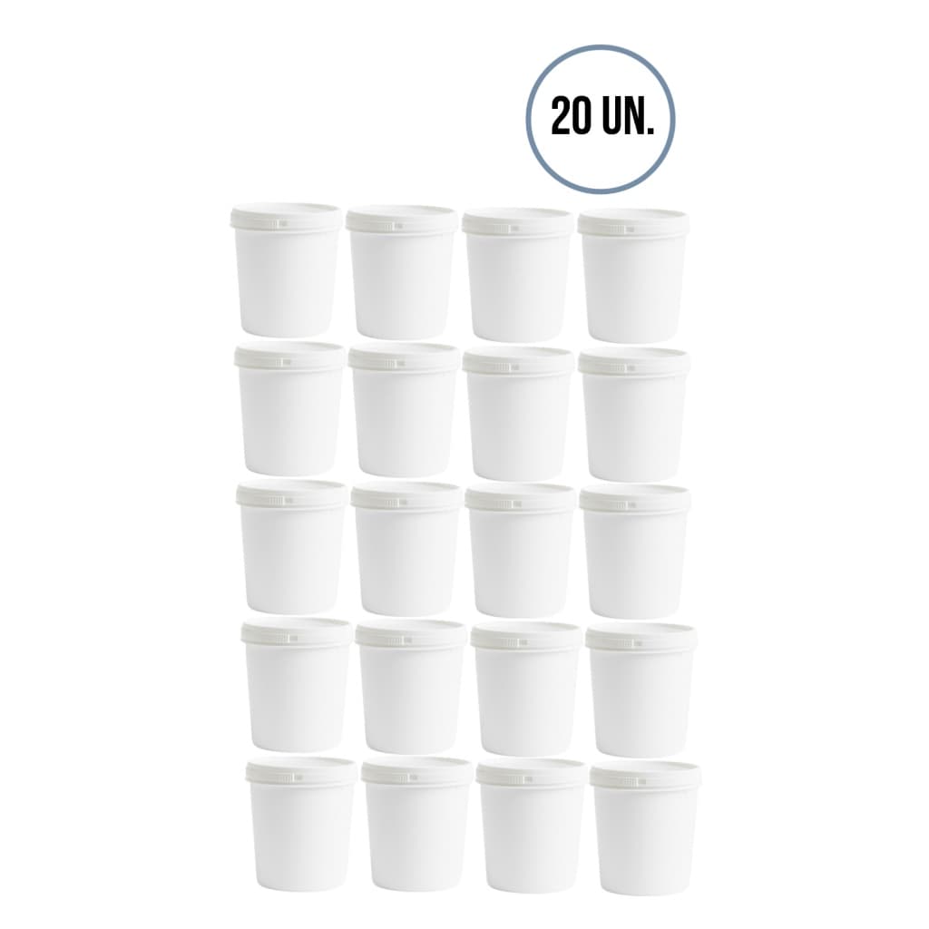 Kit 20 potes brancos de 1 litro com tampa hermética e lacre para bolo, alimentos, bebidas, lembrancinha e brindes
