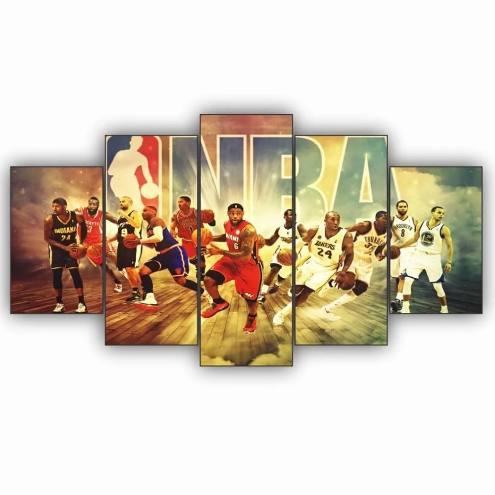 Quadro Decorativo NBA Basquetebol Esporte 5 Peças Melhores Jogadores Sala Quarto Hall