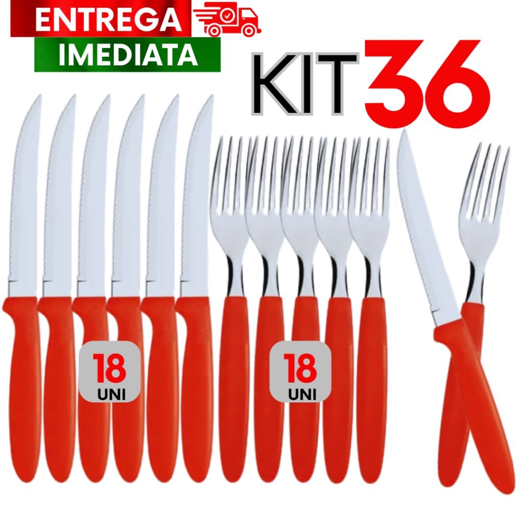 Kit 36 Utensílios de cozinha Inox 18 Garfos 18 Facas Premium Multiuso Linha Colorida Vermelho