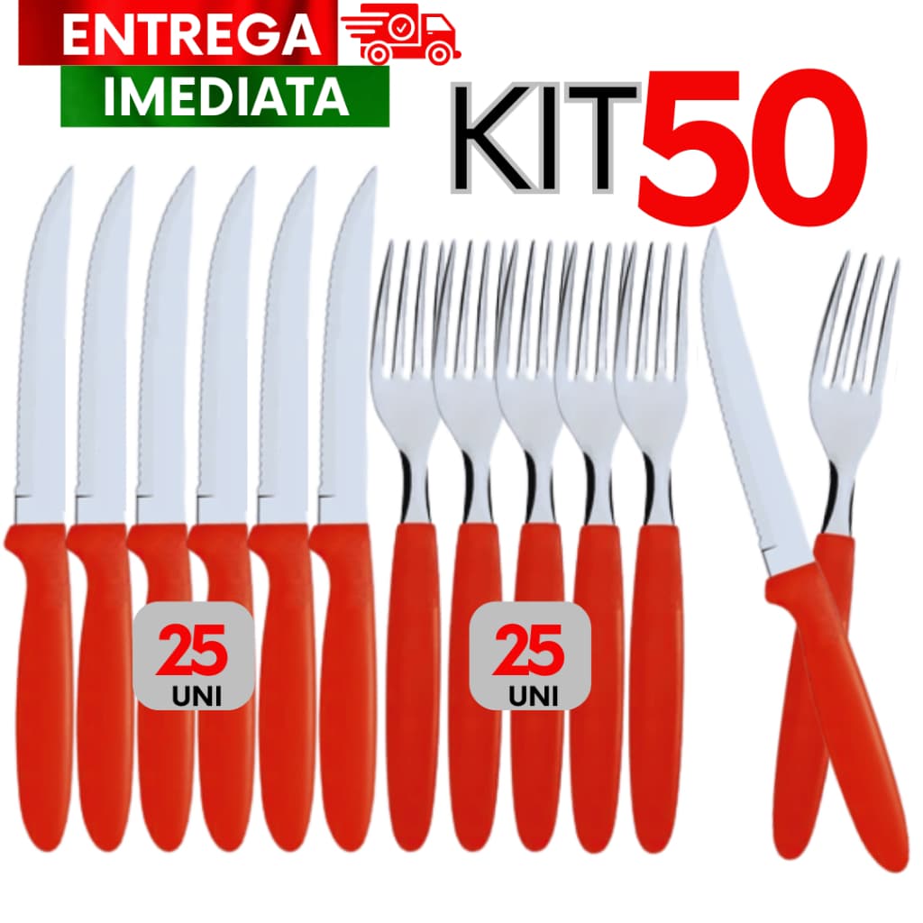 Utensílios de cozinha 50 Peças Inox 25 Garfos 25 Facas Premium Multiuso  Linha Colorida Vermelho