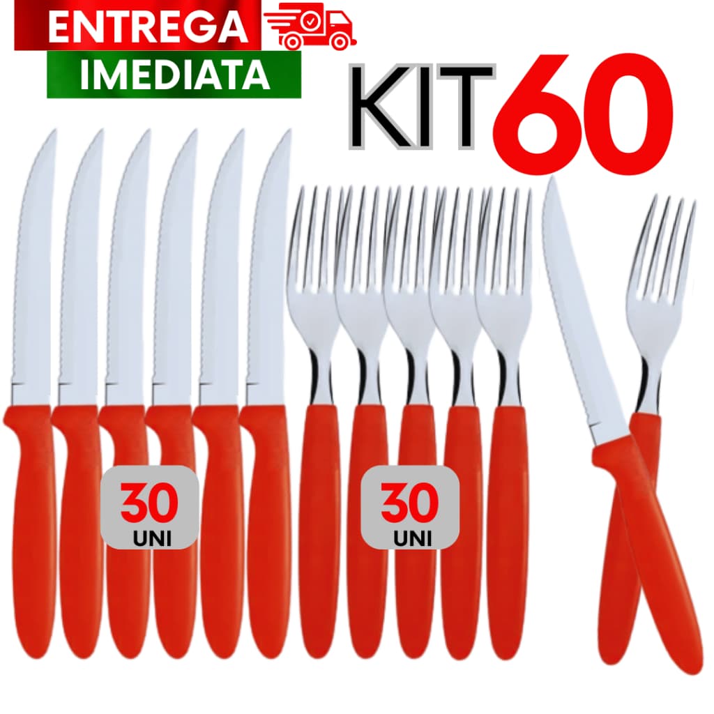 Jogo 60 Utensílios Linha Colorida Vermelho 30 Garfos 30 Faca Premium Restaurante Buffet Resistencia