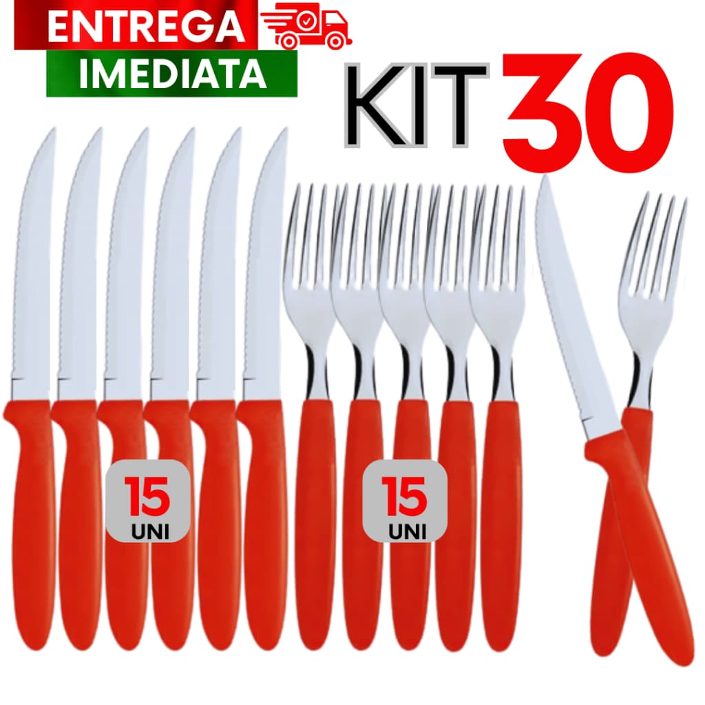 30 Peças de cozinha Inox 15 Faca 15 Garfo Linha colorida Vermlho Resistencia e Durabilidade Multiuso