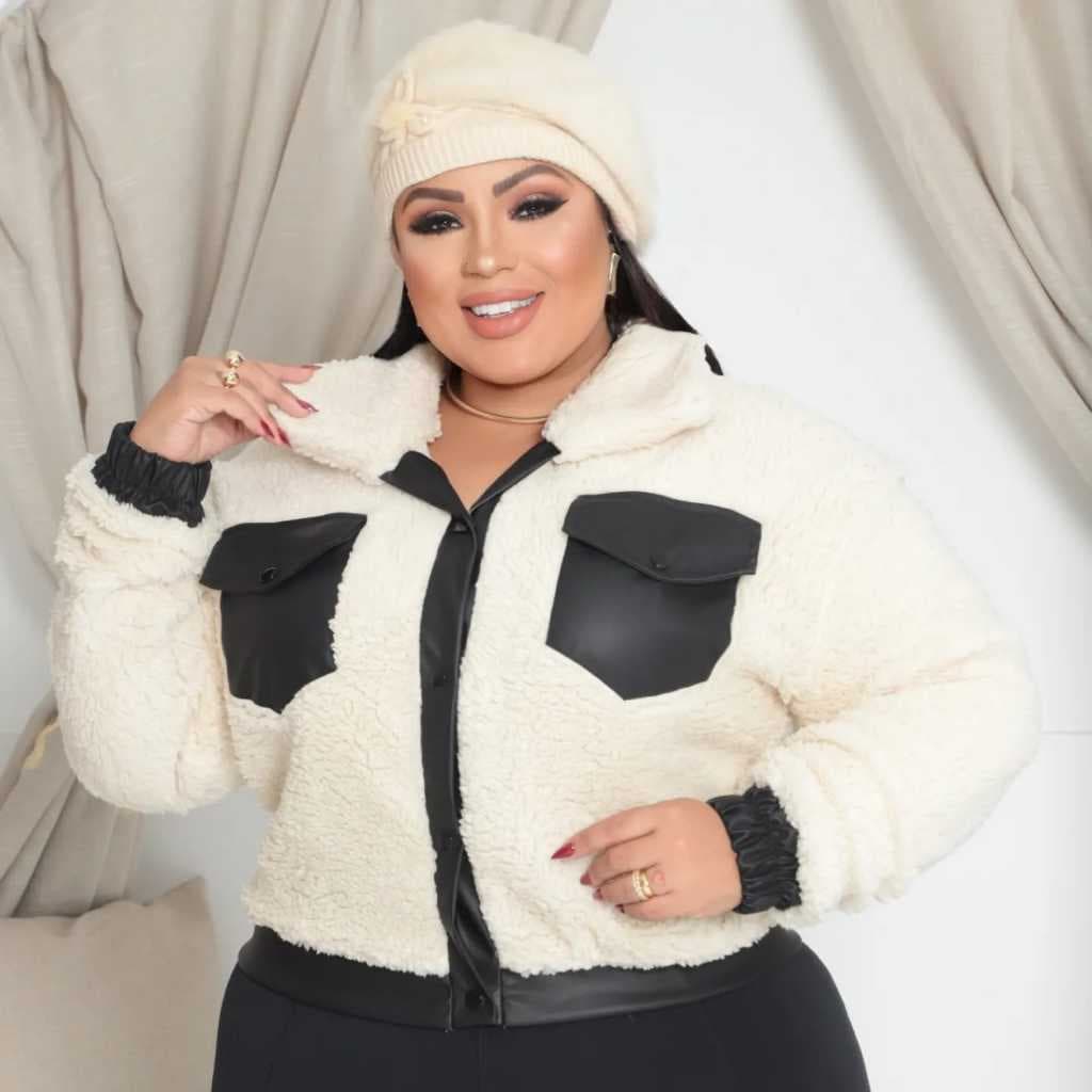 Casaco Teddy Feminino Pelúcia Quentinho | Detalhes Couro Fake | Cores Branco Preto Roxo | Plus Size G