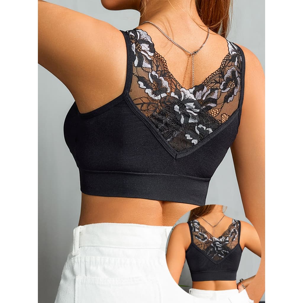 Sutiã Feminino Preto Sem Aro com Renda Floral Transpiravel e Alta Elasticidade Gola Redonda Top de Ioga 9319