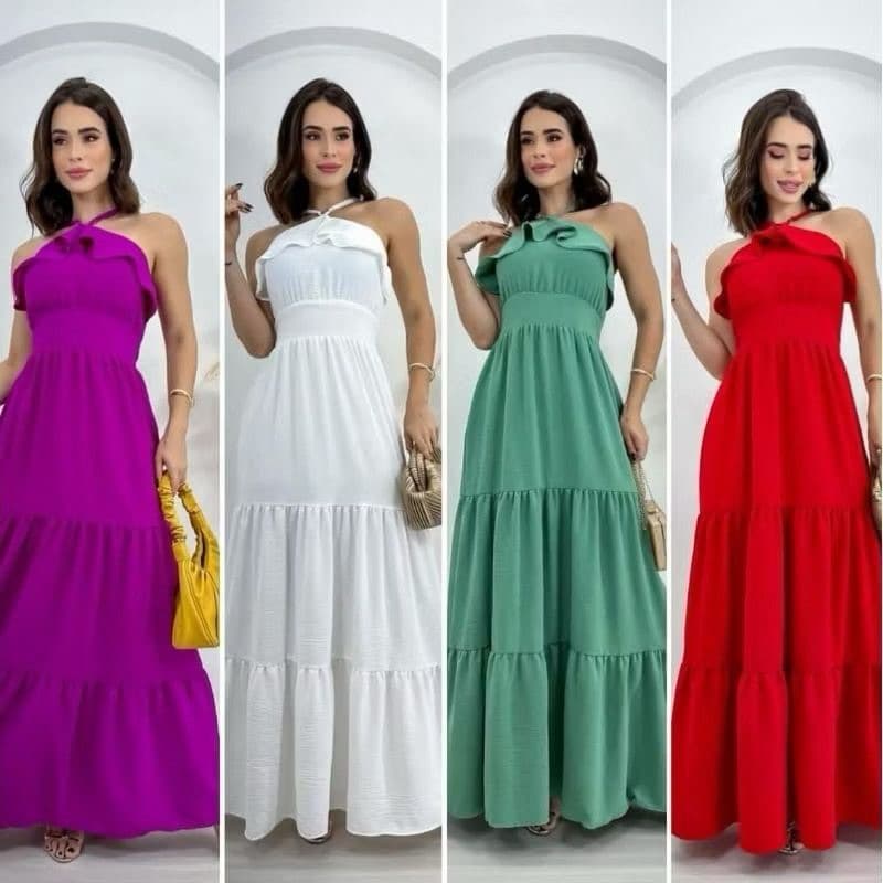 vestido longo femenino frente babado