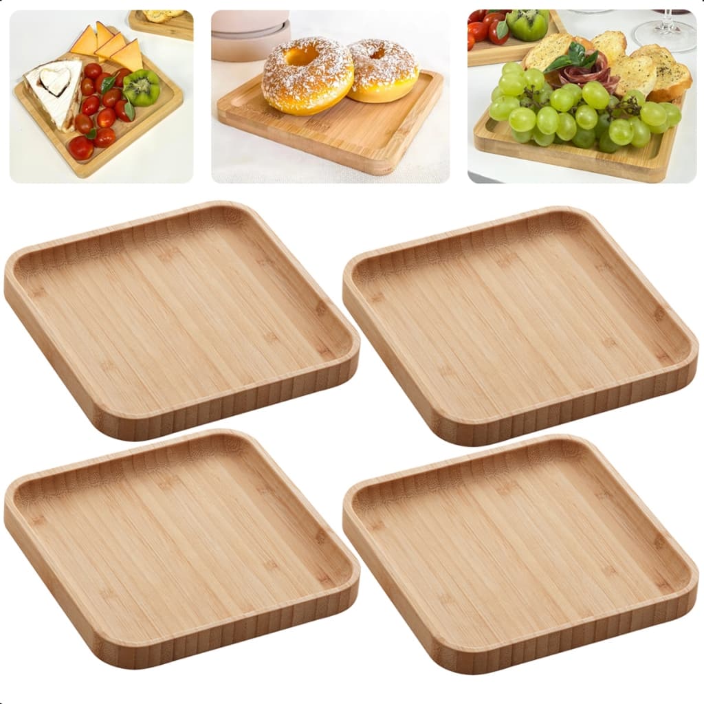 Kit 4 Bandeja Prato De Bambu Petisqueira De Servir Tabua Quadrada Multiuso 17cm - Lyor
