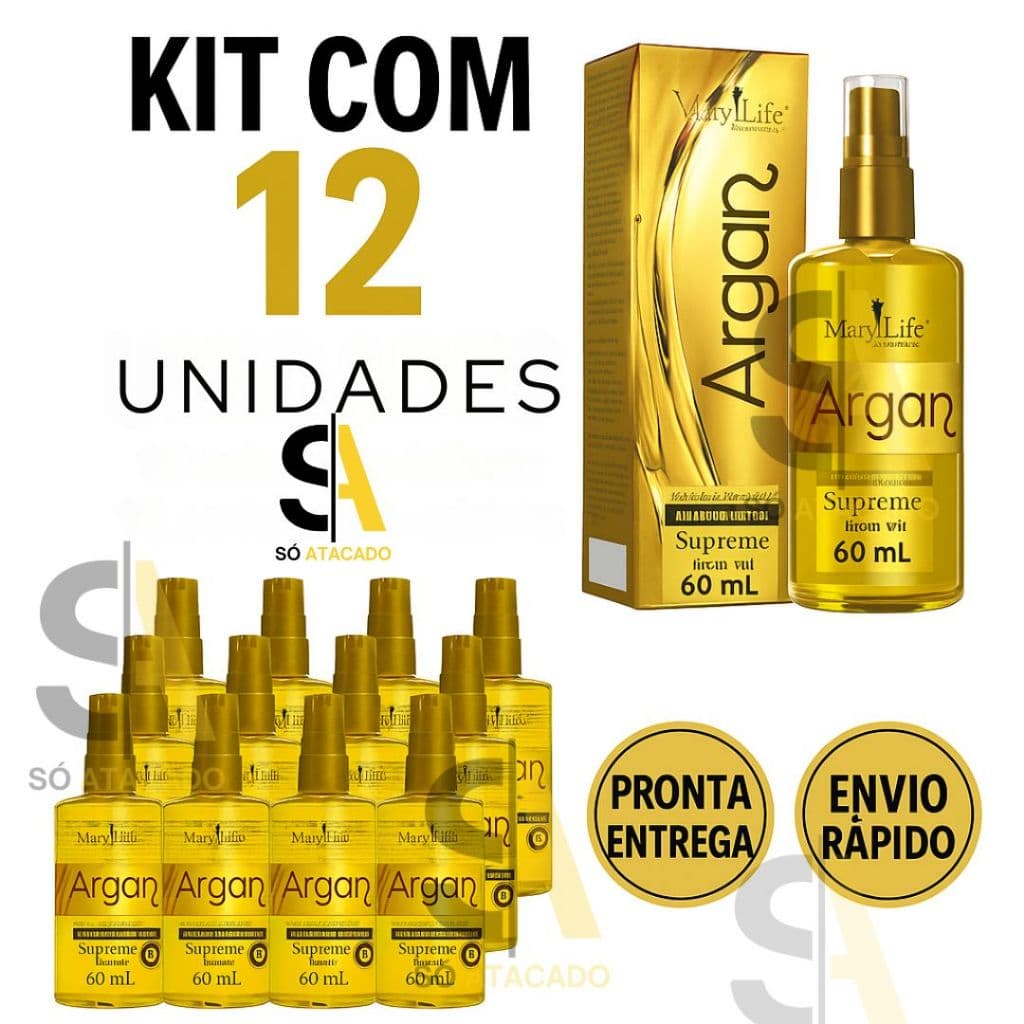 Kit com 12 und Óleo de Argan Mary Life 60ml Original | Nutrição, Brilho e Hidratação Capilar