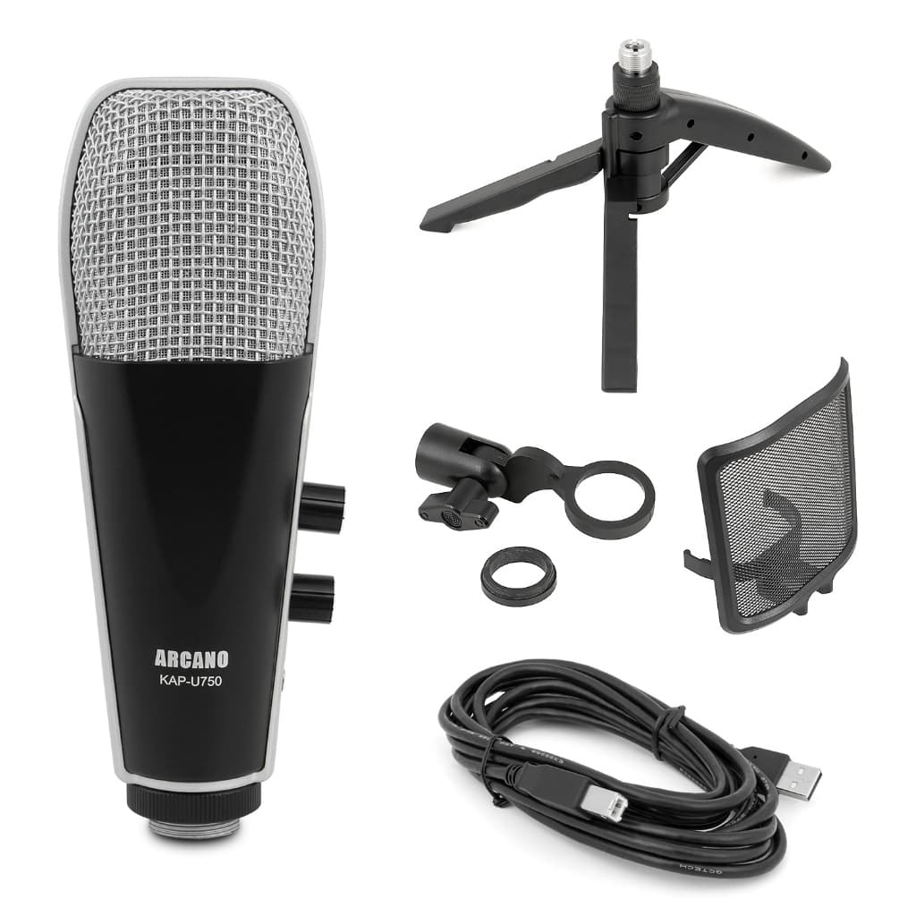 Microfone condensador USB Arcano KAP-U750 com tripé filtro cabo | Com pequena marca