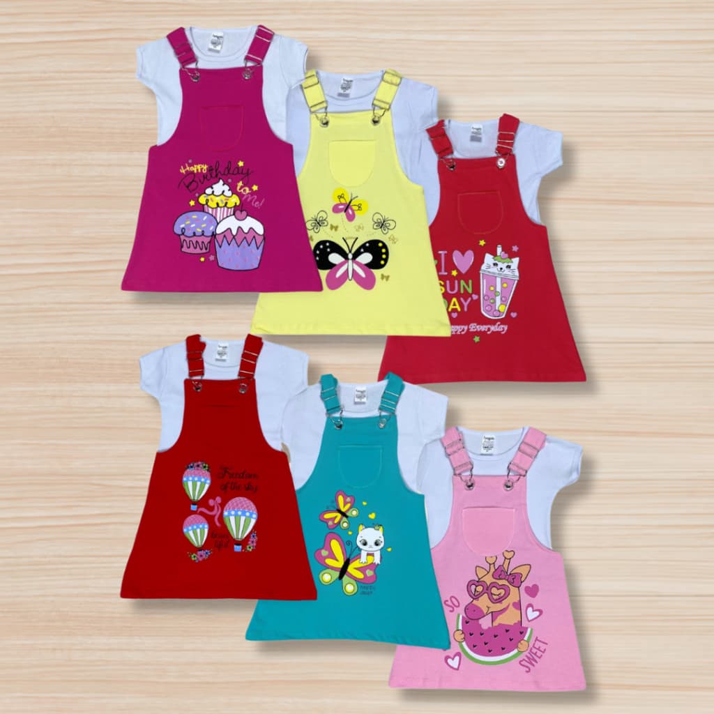 Kit Jardineira Infantil com Alça Regulável + Camiseta de Algodão para Meninas - Cores Sortidas