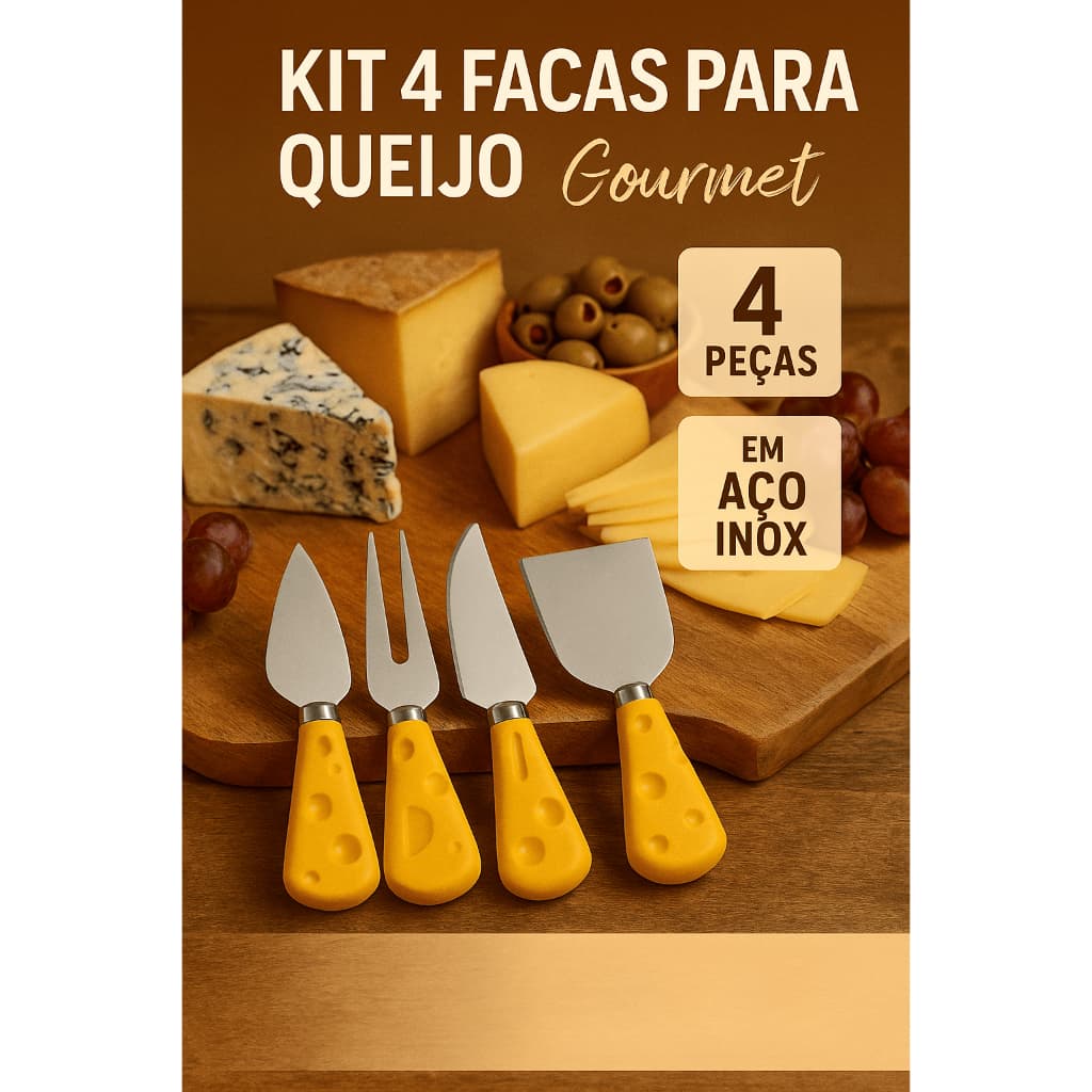 🧀 Kit 4 Facas para Queijo Gourmet – Inox e Cabo Divertido
