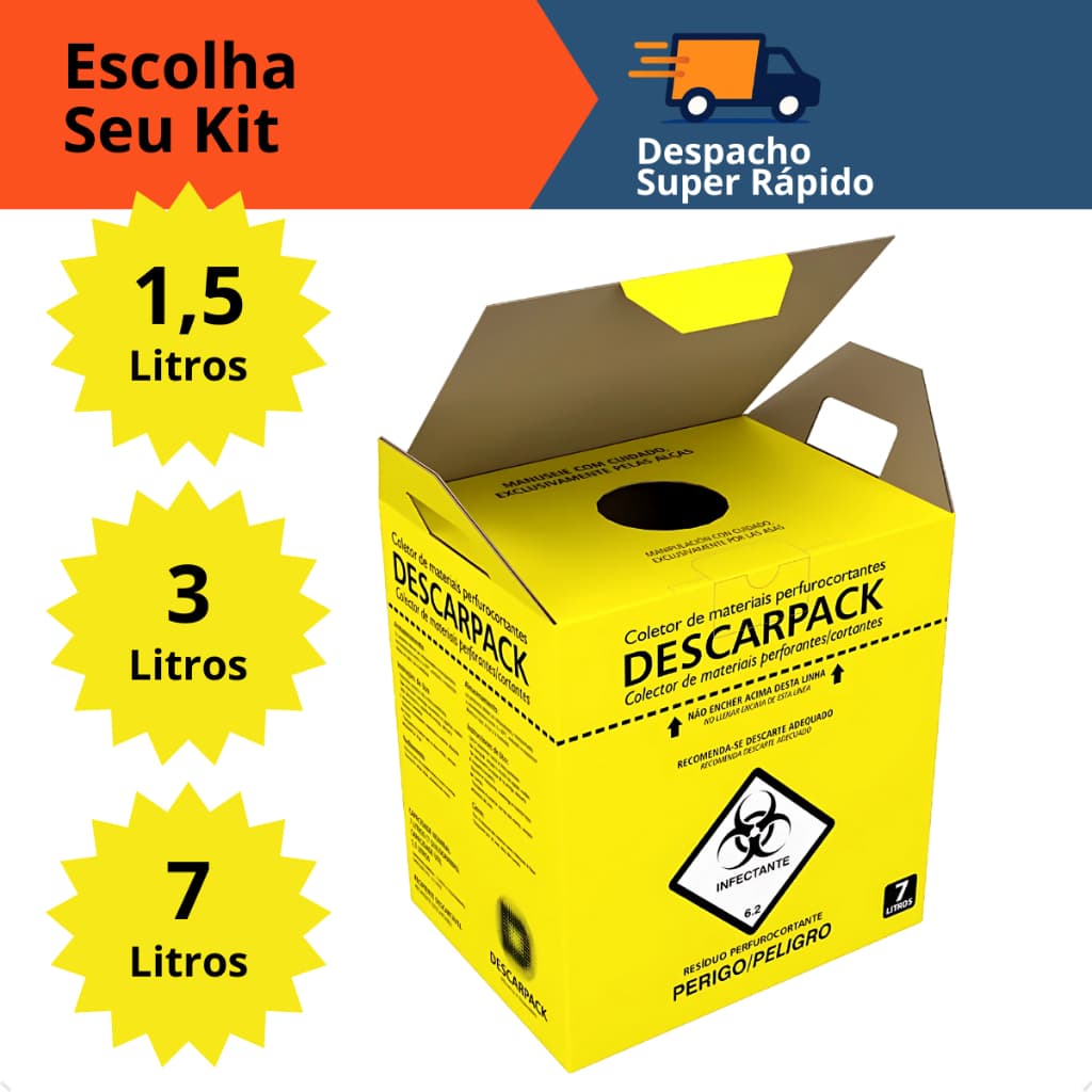 KIT 5 CAIXAS Descarpack - Caixa Perfuro Cortante Coletor 1,5 Litros / 3 Litros / 7 Litros