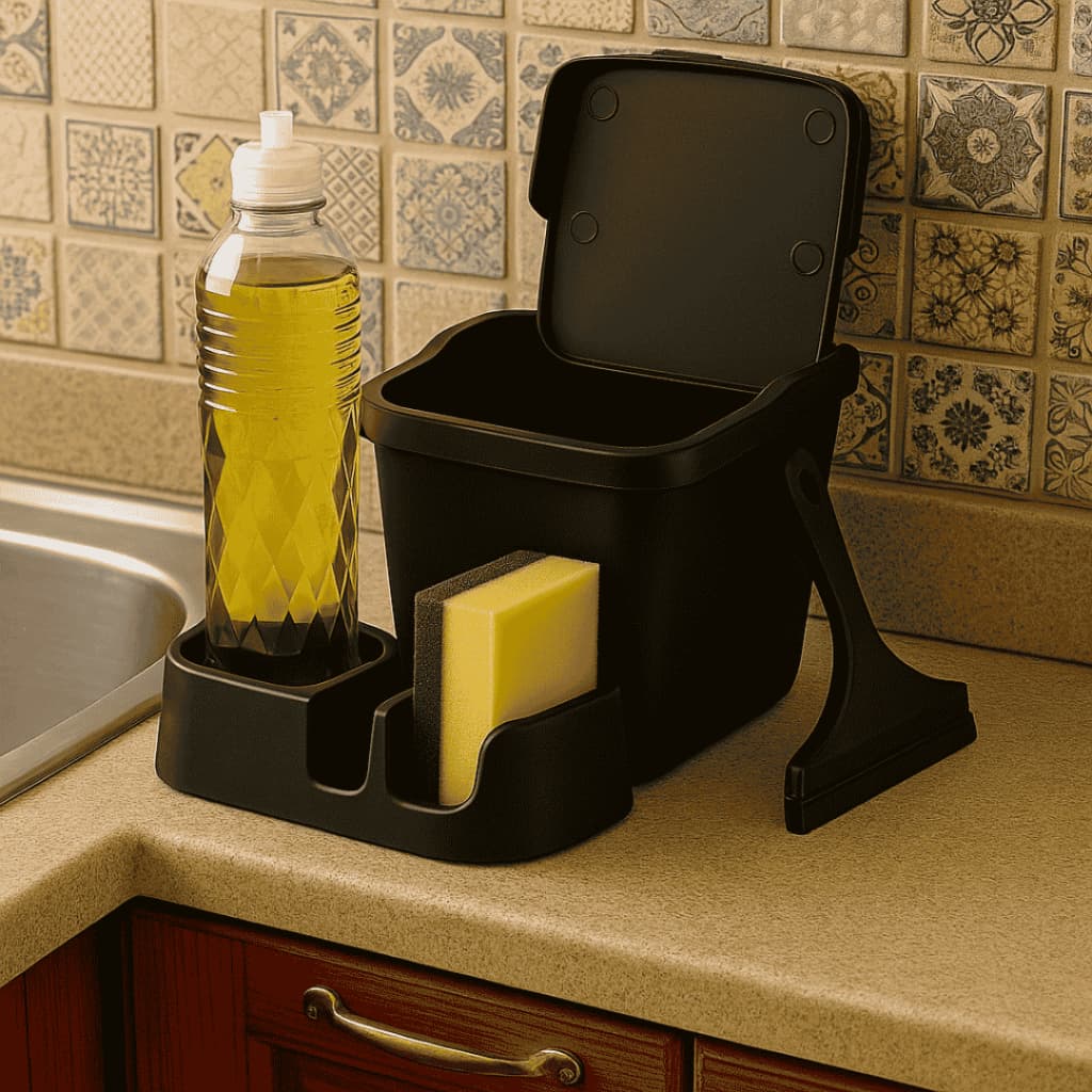 Kit Organizador Pia Lixeira 4,8L + Porta Detergente + Rodo Organização Cozinha Casa Jogo Conjunto