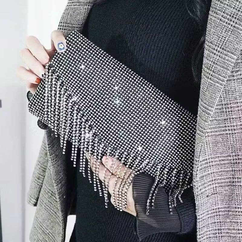 Bolsa clutch luxuosa com franja de strass cintilante incrustada com cristais brilhantes festa 900062