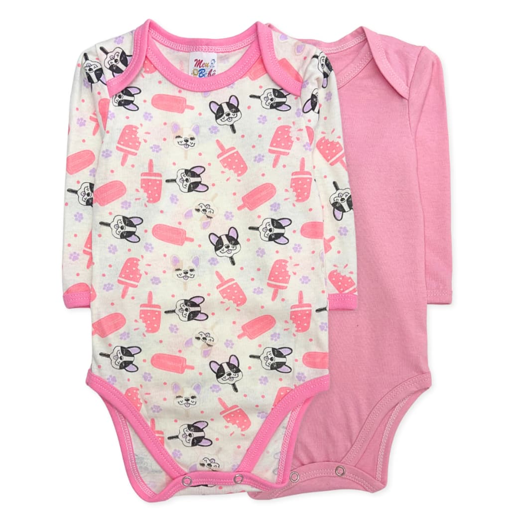 kit 2 body de bebê feminino manga longa 100% algodão  body de bebê body estampado e liso
