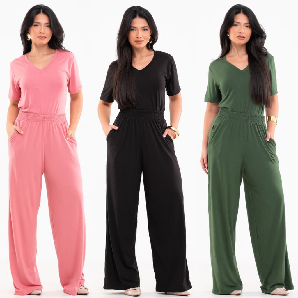 Conjunto Blusa e Pantalona em Malha Suede Light Leve e Macia Calça com Bolsos Blusa Gola V Fardamento Roupa Confortável