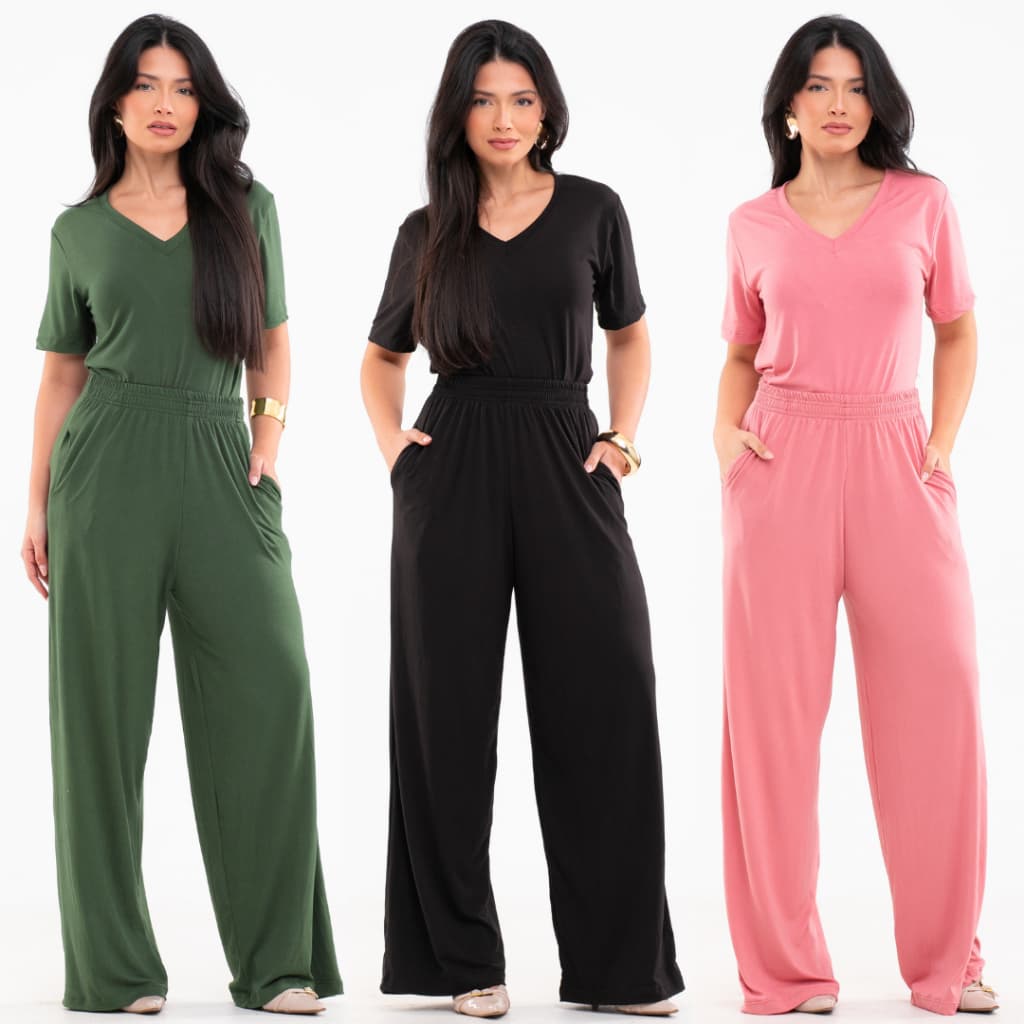 Conjunto Blusa e Pantalona em Malha Suede Light Leve e Macia Calça com Bolsos Blusa Gola V Confortável Fardamento Roupa