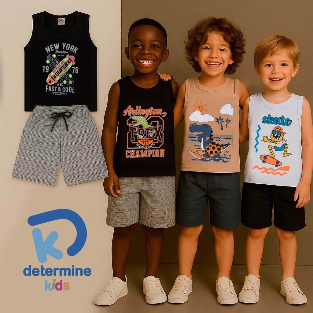 Kit 2 Peças de Roupas Infantil e Juvenil Menino 1 Regata + 1 Bermuda
