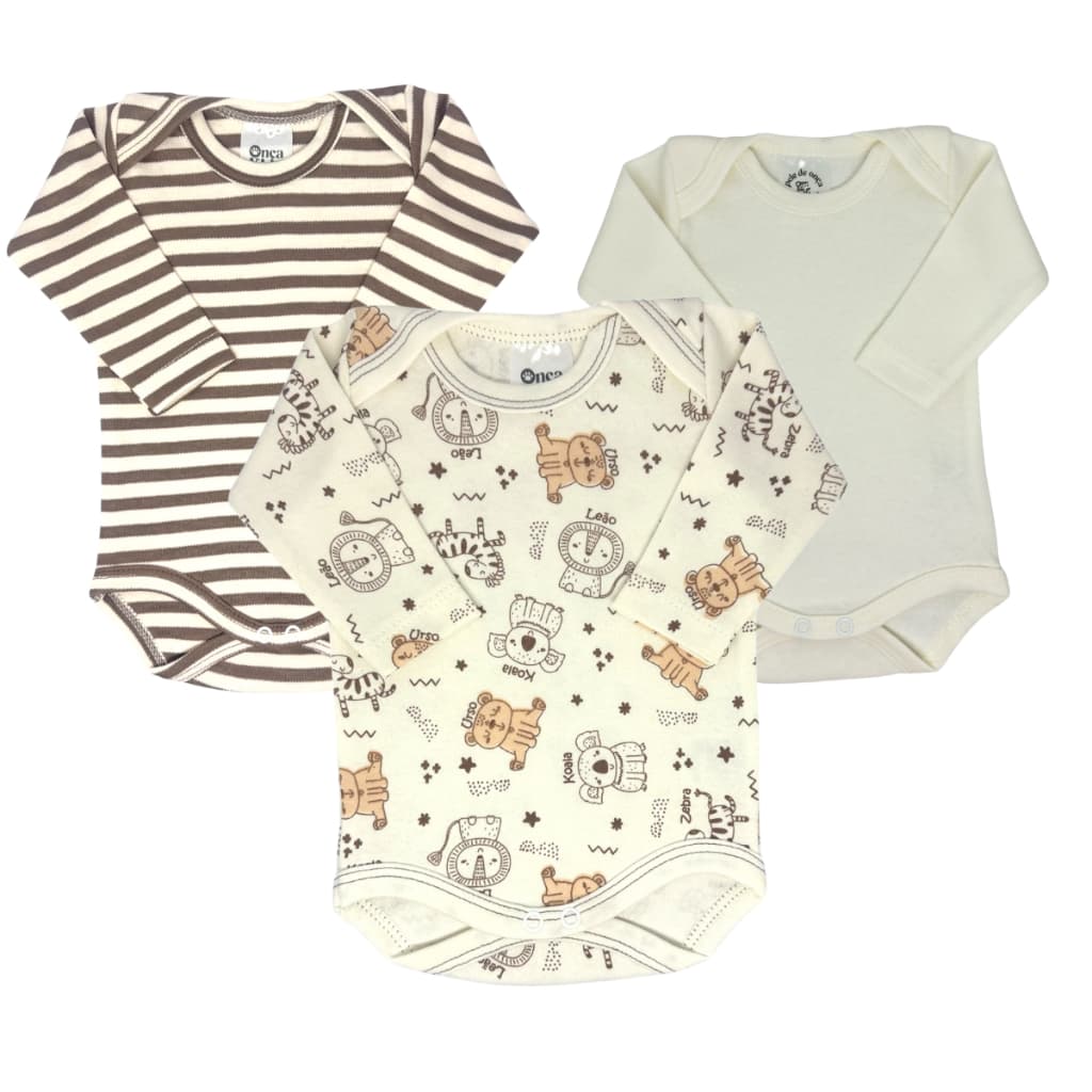 Kit Body Bebê Estampado Safári Listrado Ursinho 100% Algodão Hipoalergênico Premium Maternidade
