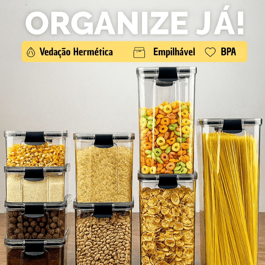 Kit Potes Herméticos Acrílico Empilhável Vedação Organizador de Mantimentos Cozinha