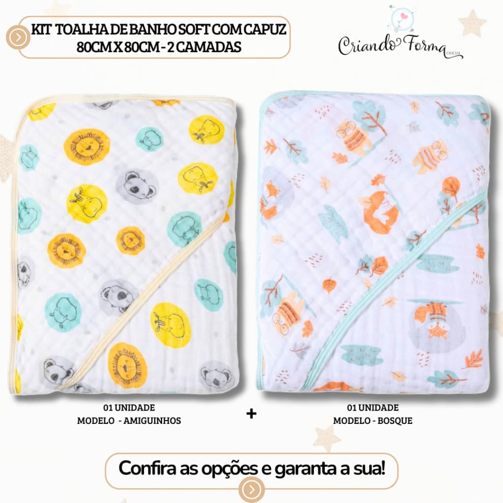 Kit com 2 Toalhas de Banho Soft com Capuz - 2 Camadas de Fralda - Tecido 100% Algodão - 80cm x 80cm